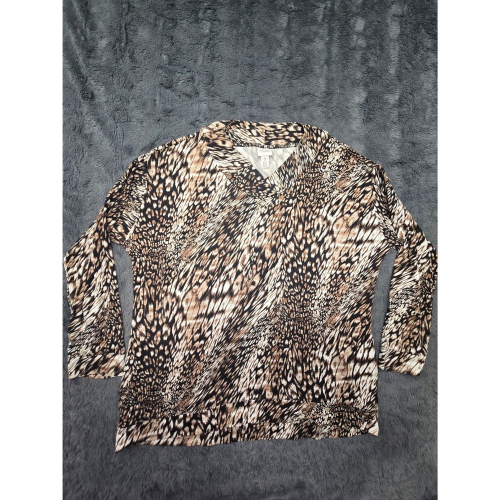 Weekends‎ by Chico's Animal Print V-Neck Long Sleeve Top Brown Size 3 XL